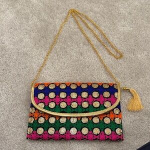 Multicolor Embroidered Clutch with Gold Chain